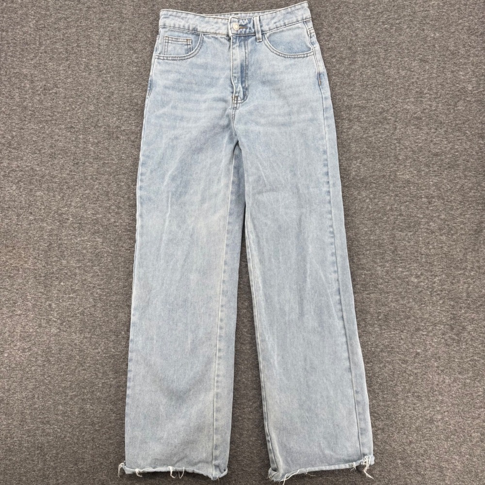 SHEIN Womens Light Wash High Rise Wide Leg Jeans Raw Hem Light Blue Size XS 2 - Picture 2 of 9